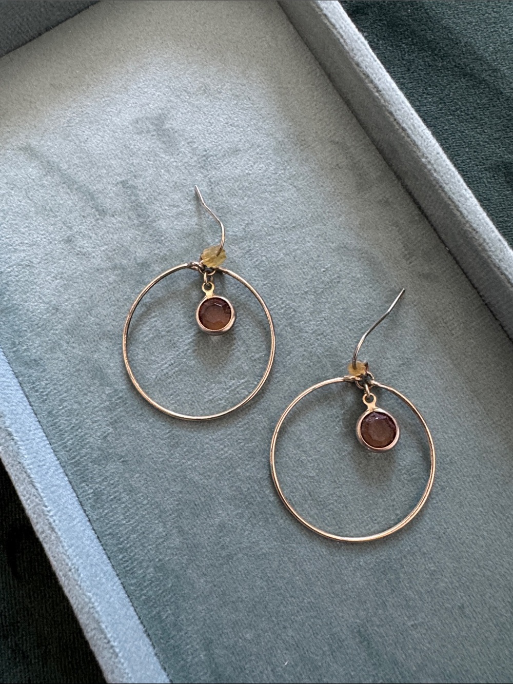 Gold Hoop Drop Earrings with Brown Gemstone Accent